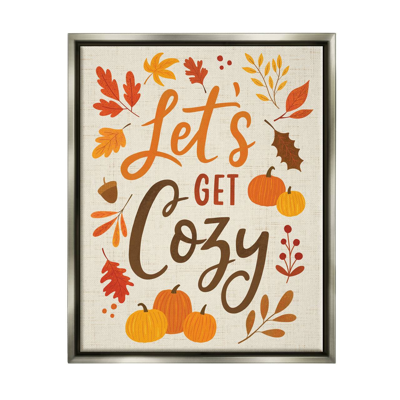 Stupell Industries Lets Get Cozy Autumnal Leaf Sprigs Framed Floater Canvas Wall Art